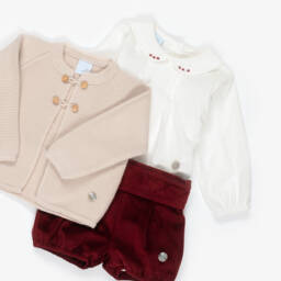 Artesanía Granlei-Boys Burgundy Red Velvet Shorts & Cardigan Set | Childrensalon