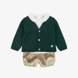 Artesanía Granlei-Boys Green Cardigan & Beige Velvet Shorts Set | Childrensalon