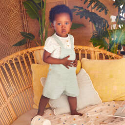 Artesanía Granlei-Boys Green Cotton & Linen Dungaree Set | Childrensalon