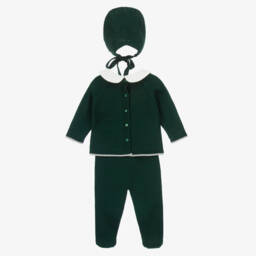 Artesanía Granlei-Boys Green Knitted Babysuit Set with Bear Motif | Childrensalon