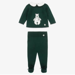 Artesanía Granlei-Boys Green Knitted Babysuit Set with Bear Motif | Childrensalon