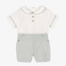 Artesanía Granlei-Boys Ivory & Green Cotton Buster Suit | Childrensalon