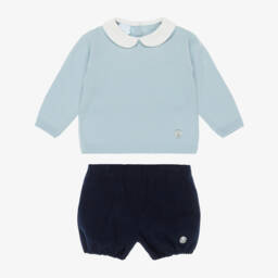 Artesanía Granlei-Boys Pale Blue Sweater & Navy Blue Cotton Shorts Set | Childrensalon