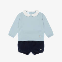 Artesanía Granlei-Boys Pale Blue Sweater & Navy Blue Cotton Shorts Set | Childrensalon