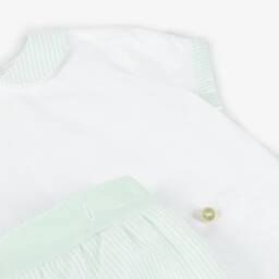 Artesanía Granlei-Boys White & Green Cotton Buster Suit | Childrensalon