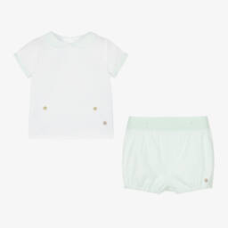 Artesanía Granlei-Boys White & Green Cotton Buster Suit | Childrensalon
