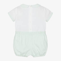 Artesanía Granlei-Boys White & Green Cotton Buster Suit | Childrensalon