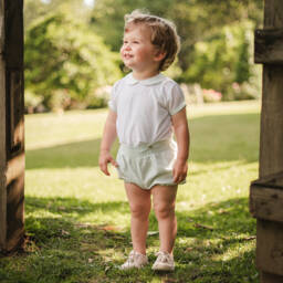 Artesanía Granlei-Boys White & Green Cotton Buster Suit | Childrensalon