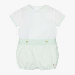 Artesanía Granlei-Boys White & Green Cotton Buster Suit | Childrensalon