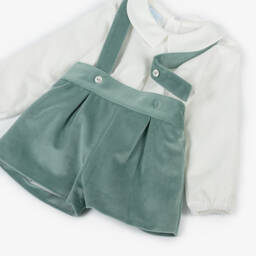 Artesanía Granlei-Boys White & Green Velvet Shorts Set | Childrensalon