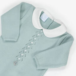 Artesanía Granlei-Duck Egg Green Knitted Babygrow with Collar | Childrensalon