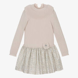 Artesanía Granlei-Girls Beige Ribbed Knit & Floral Dress | Childrensalon