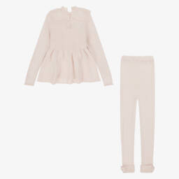 Artesanía Granlei-Girls Beige Ribbed Knit Leggings Set | Childrensalon