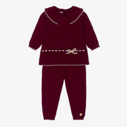 Artesanía Granlei-Girls Burgundy Red Knit Trouser Set with Beige Trim | Childrensalon