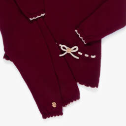 Artesanía Granlei-Girls Burgundy Red Knit Trouser Set with Beige Trim | Childrensalon