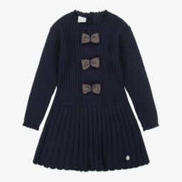Artesanía Granlei-Girls Navy Blue Knitted Dress with Bows  | Childrensalon