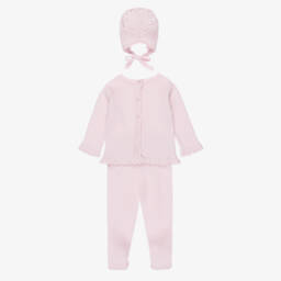 Artesanía Granlei-Girls Pink Knitted Babysuit Set with Ribbon Trim | Childrensalon