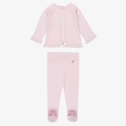 Artesanía Granlei-Girls Pink Knitted Babysuit Set with Ribbon Trim | Childrensalon