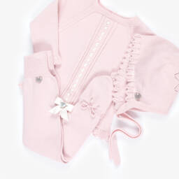 Artesanía Granlei-Girls Pink Knitted Babysuit Set with Ribbon Trim | Childrensalon