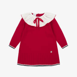 Artesanía Granlei-Girls Red Knitted Dress with Ruffle Collar | Childrensalon