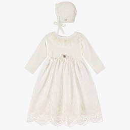 Artesanía Granlei-Ivory Knit Top & Lace Ceremony Gown & Bonnet | Childrensalon
