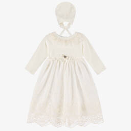 Artesanía Granlei-Ivory Knit Top & Lace Ceremony Gown & Bonnet | Childrensalon