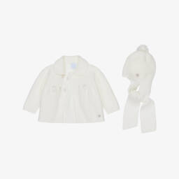 Artesanía Granlei-Ivory Knitted Baby Coat & Pom-Pom Hat Set | Childrensalon