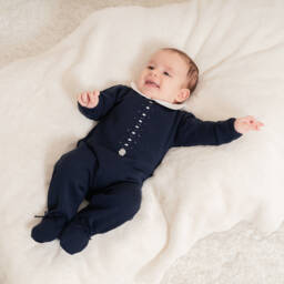Artesanía Granlei-Navy Blue Knitted Babygrow with Collar | Childrensalon