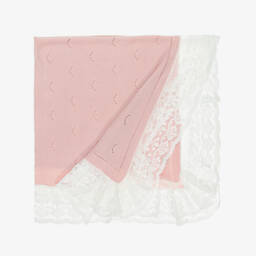 Artesanía Granlei-Pink Cotton Knit Lace Trim Shawl (108cm) | Childrensalon
