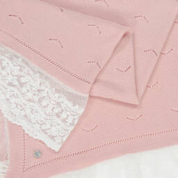 Artesanía Granlei-Pink Cotton Knit Lace Trim Shawl (108cm) | Childrensalon