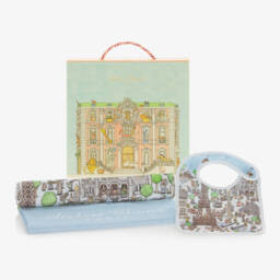 Atelier Choux Paris-Blue Organic Cotton Swaddle & Bib Set | Childrensalon