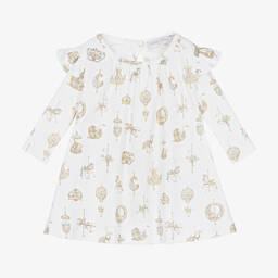 فستان بطبعة كاروسيل قطن لون أبيض للبنات