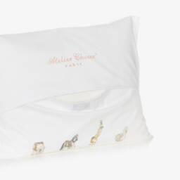 Atelier Choux Paris-Ivory Cotton Sateen Cushion with Blue Carousel (42cm) | Childrensalon