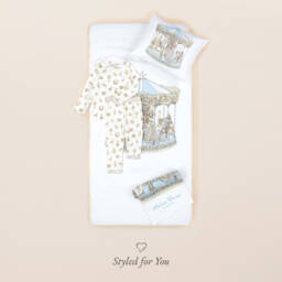 Atelier Choux Paris-Ivory Cotton Sateen Cushion with Blue Carousel (42cm) | Childrensalon