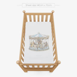 Atelier Choux Paris-Ivory Cotton Sateen Fitted Sheet with Blue Carousel (140cm) | Childrensalon