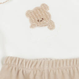 Babidu-Baby Boys Ivory & Beige Velour Teddy Bear 2 Piece Babygrow  | Childrensalon