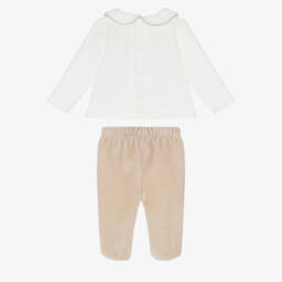 Babidu-Baby Boys Ivory & Beige Velour Teddy Bear 2 Piece Babygrow  | Childrensalon