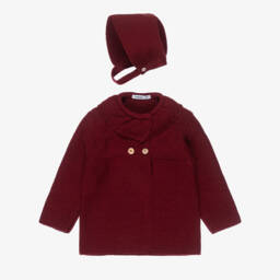 Babidu-Baby Girls Burgundy Red Knitted Coat & Hat Set | Childrensalon