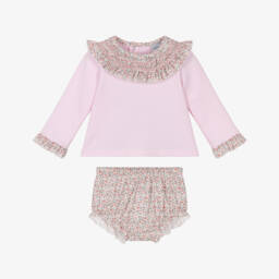 Babidu-Комплект с шортами розовый в цветочек хлопковый с оборчатым воротником длямалышек | Childrensalon