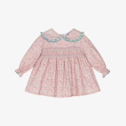 Babidu-Baby Girls Pink Floral Cotton Dress with Smocking | Childrensalon