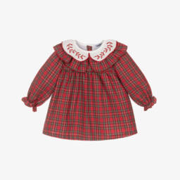 Babidu-Girls Red Tartan Cotton Dress with Ruffle Collar | Childrensalon