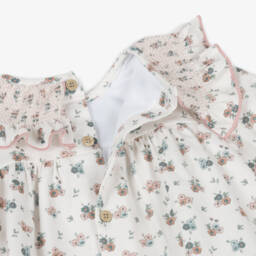 Babidu-Baby Girls White Cotton Floral Dress with Smocking | Childrensalon