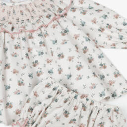 Babidu-Baby Girls White Cotton Floral Dress with Smocking | Childrensalon