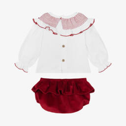 Babidu-Baby Girls White Smocked Blouse & Red Velvet Shorts Set | Childrensalon
