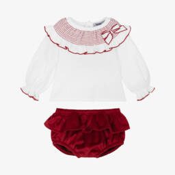 Babidu-Baby Girls White Smocked Blouse & Red Velvet Shorts Set | Childrensalon