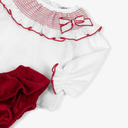 Babidu-Baby Girls White Smocked Blouse & Red Velvet Shorts Set | Childrensalon