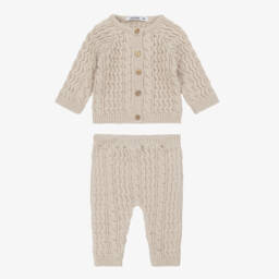 Babidu-Beige Cable Knit Baby Trouser Set | Childrensalon