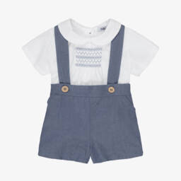 Babidu-طقم شورت قطن بتطريز سموك لون أزرق وأبيض للأولاد | Childrensalon