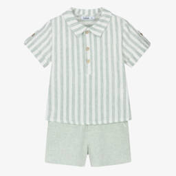 Babidu-Boys Green Striped Cotton & Linen Shorts Set | Childrensalon
