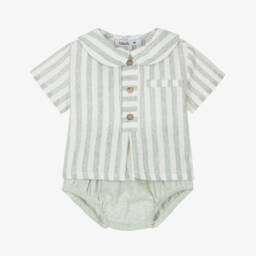 Babidu-Boys Green Striped Cotton & Linen Shorts Set | Childrensalon